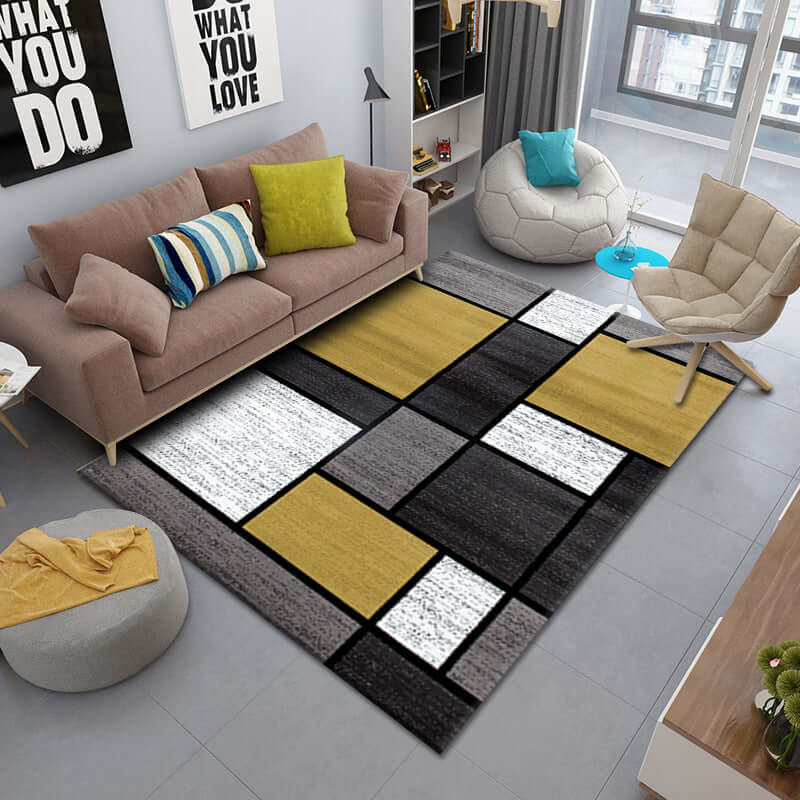Persian living room rug in stylish geometric design, featuring yellow, black, and white colors, ideal for modern decor.