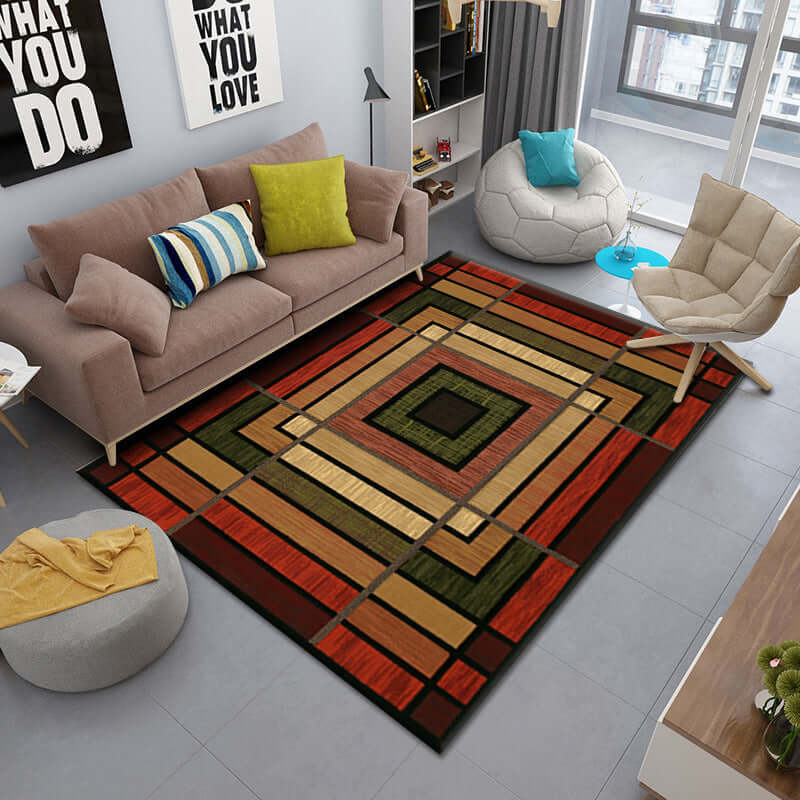 Persian living room rug in a modern space with geometric patterns and rich colors, perfect for any home decor.
