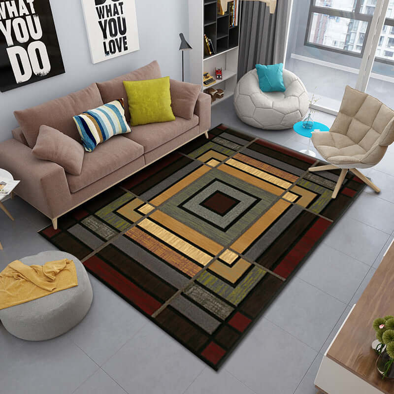 Stylish Persian living room rug with geometric patterns and vibrant colors on a cozy living room floor.
