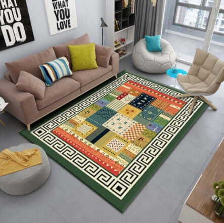 Colorful Persian living room rug with geometric patterns in a modern interior setting.