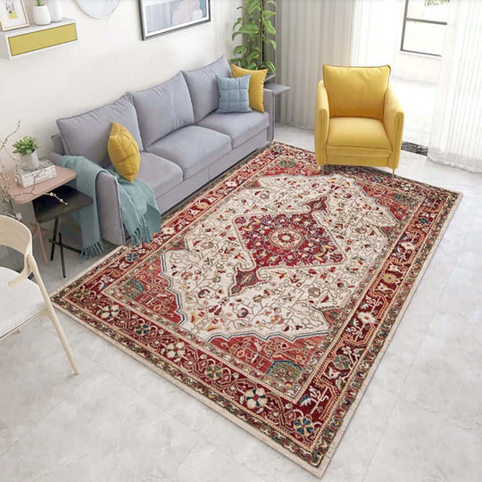 Nordic-style living room rug with floral pattern in stylish setting, featuring red and cream tones, perfect for home decor.