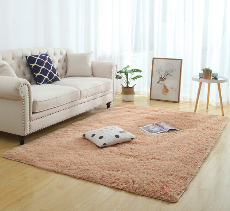 Silky fluffy carpet rug in a cozy living room setting with a sofa, decorative pillows, and artwork.