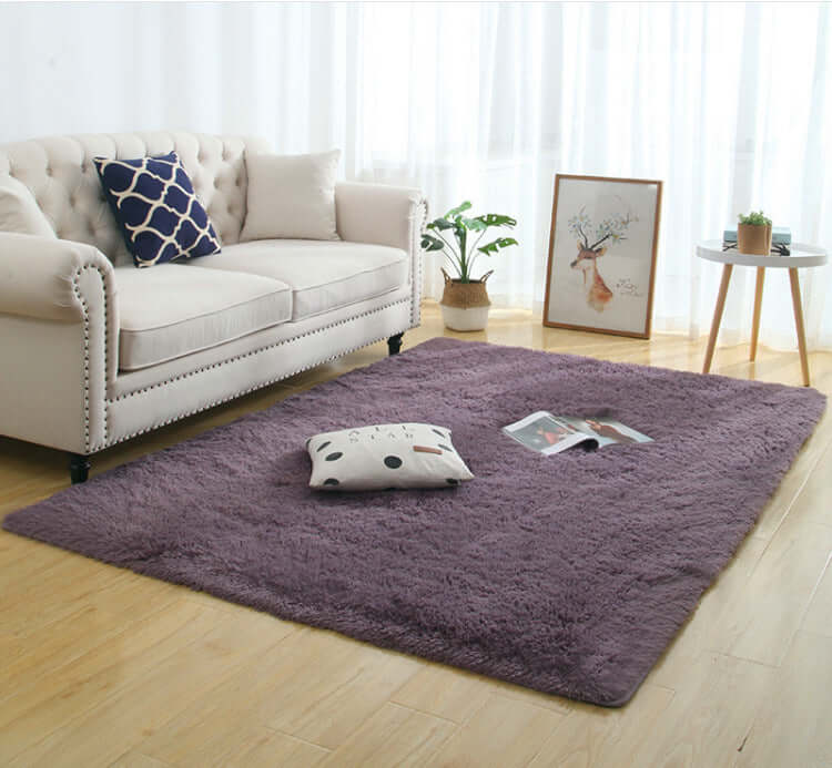 Silky fluffy carpet rug in a cozy living room setting, complementing a beige sofa and decorative elements.