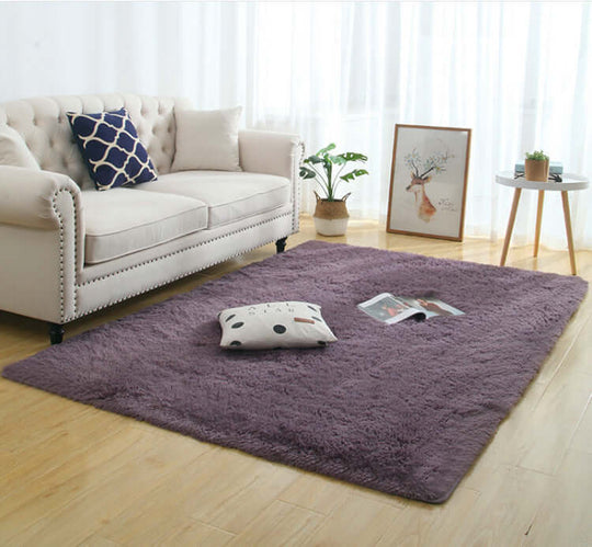 Silky fluffy carpet rug in a cozy living room setting, complementing a beige sofa and decorative elements.