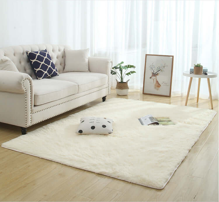Luxurious silky fluffy carpet rug in a cozy living room setting with a sofa and decorative elements.