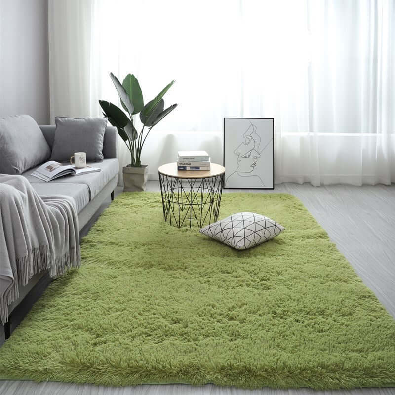 Nordic fluffy carpet rug in a cozy living room setting with a green color, complementing modern decor and furnishings.