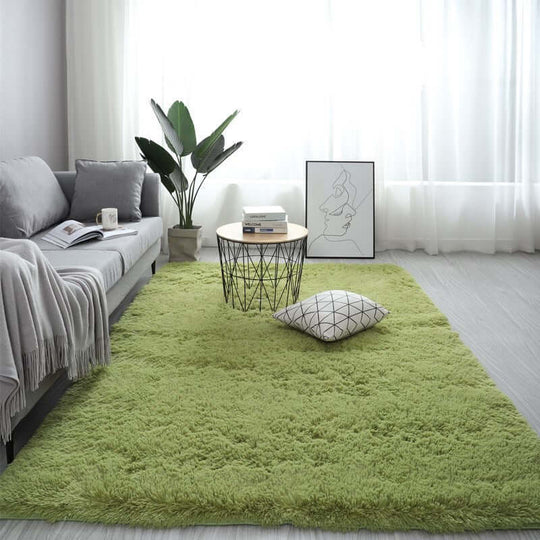 Nordic fluffy carpet rug in a cozy living room setting with a green color, complementing modern decor and furnishings.
