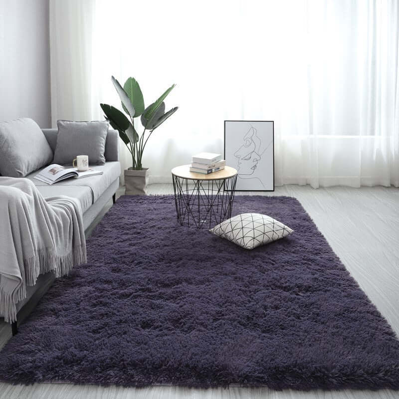 Nordic fluffy carpet rug in a stylish living room setting, featuring a cozy sofa and decorative elements.