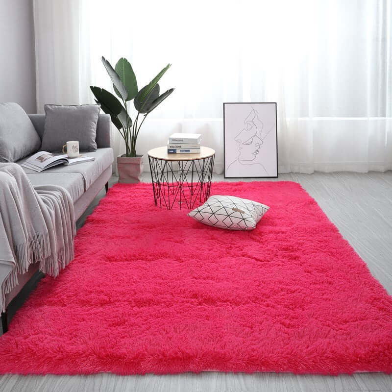 Nordic fluffy pink carpet rug in a bright living room setting, ideal for adding comfort and style.