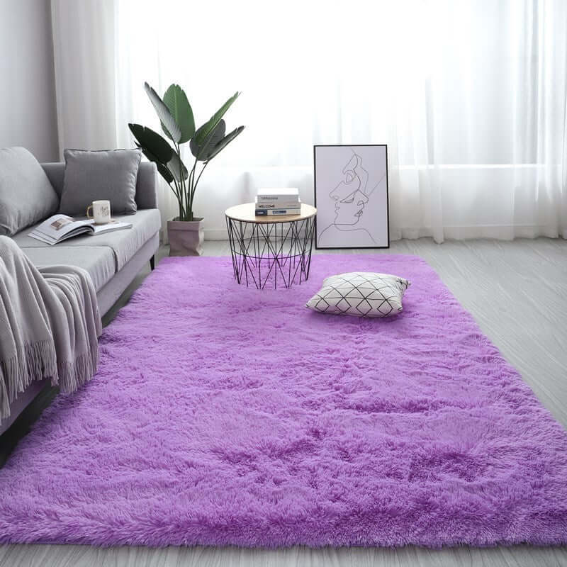 Nordic fluffy purple carpet rug in a modern living room setting with plants and stylish decor.