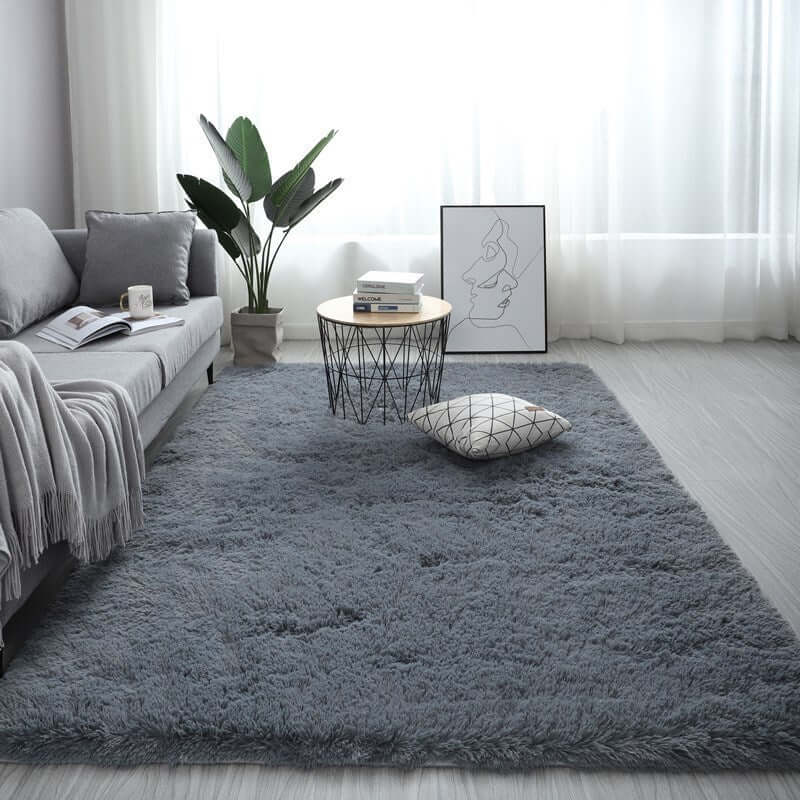 Nordic fluffy carpet rug in a stylish living room, featuring a soft texture and modern decor.