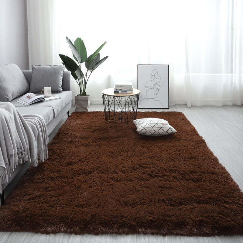 Nordic fluffy carpet rug in brown color, enhancing a cozy living room with modern decor and soft textures.