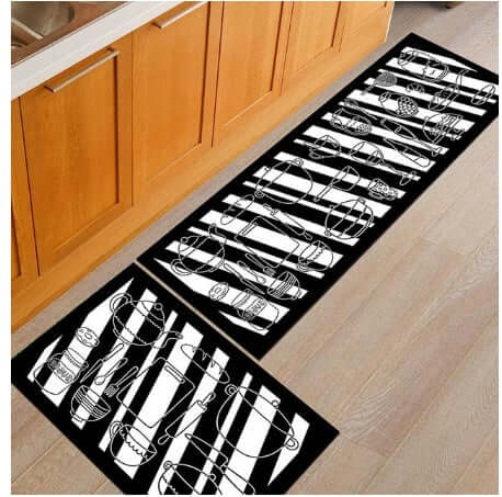 Black and white floor mats with kitchen utensils design, ideal for home and study spaces, hand washable and stylish.