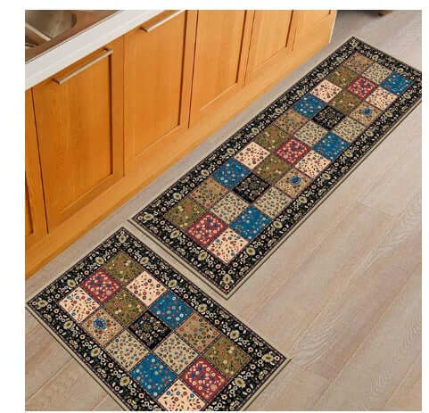 Colorful patterned floor mats for kitchen, featuring floral designs, hand washable for easy care.