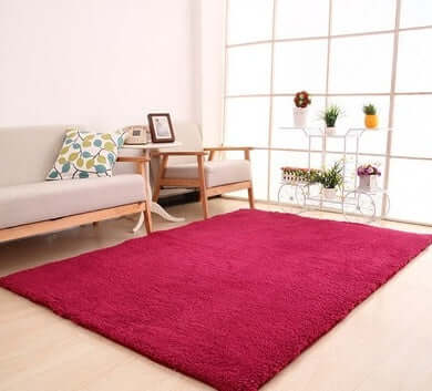 Soft red solid carpet rug in a cozy living room setting with modern furniture and plants.