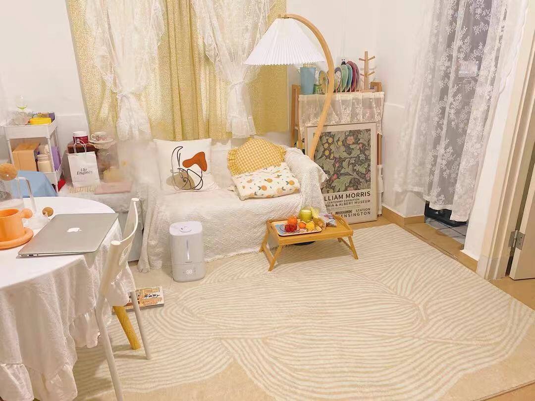 Cozy living room with a character-patterned original design rug, blending Japanese and Korean styles, 120x160cm.
