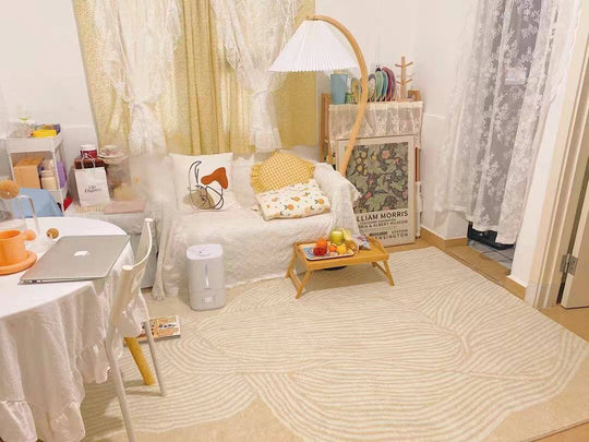Cozy living room with a character-patterned original design rug, blending Japanese and Korean styles, 120x160cm.