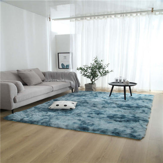 Living room with blue shag area rug, sofa, and coffee table in bright, airy space with natural light.