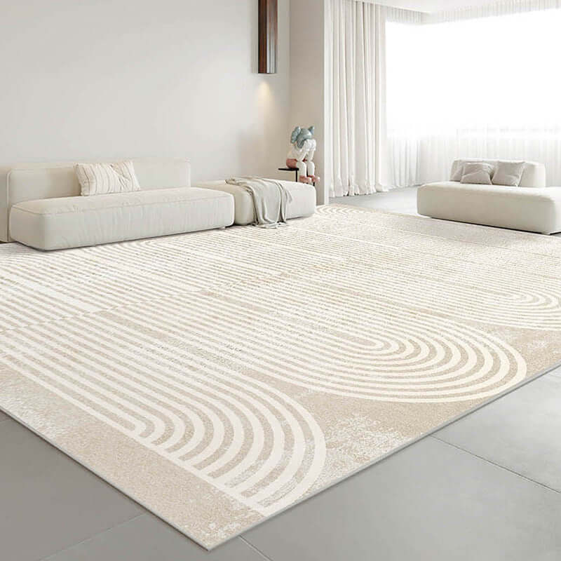Minimalist line art thickened carpet in a modern living room setting, showcasing a sleek design and neutral tones.