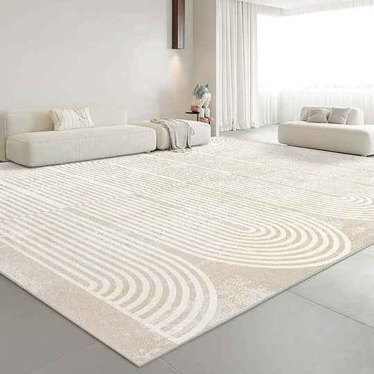 Minimalist line art thickened carpet in a modern living room setting, showcasing a sleek design and neutral tones.