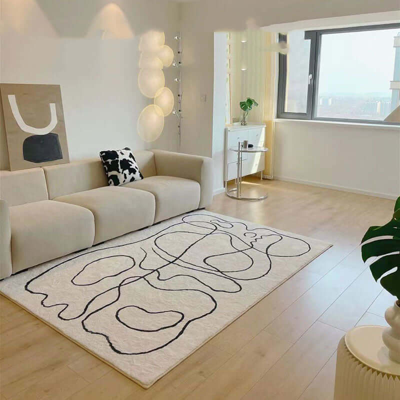 Original design rug with character pattern in a cozy living room setting, blending Japanese and Korean styles.