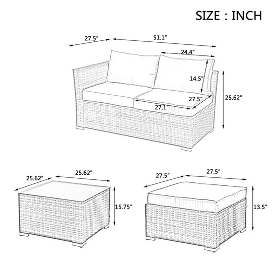 4 Set Wicker Furniture With Tempered Glass Coffee Table