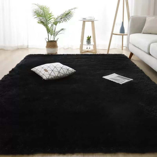 Nordic fluffy carpet rug in black, rectangular shape, perfect for modern home decor, soft and hand washable.
