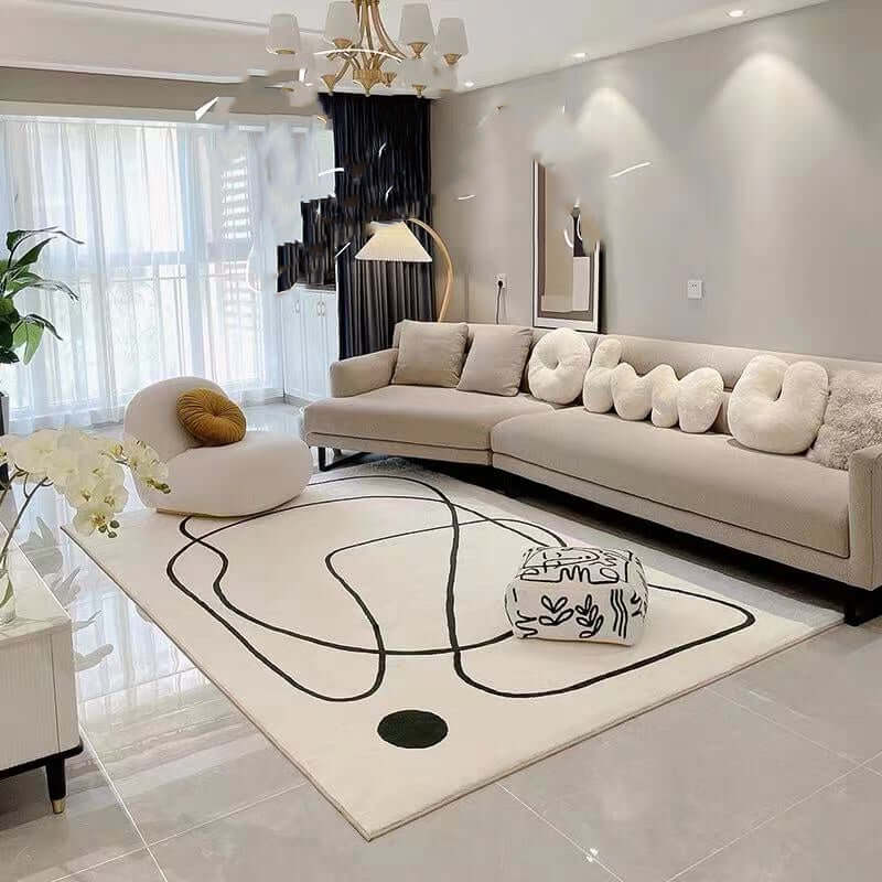Stylish living room featuring a character-patterned original design rug, modern sofa, and elegant decor.