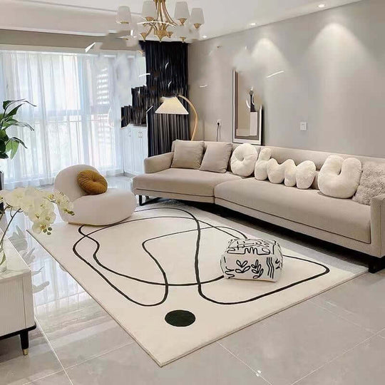Stylish living room featuring a character-patterned original design rug, modern sofa, and elegant decor.