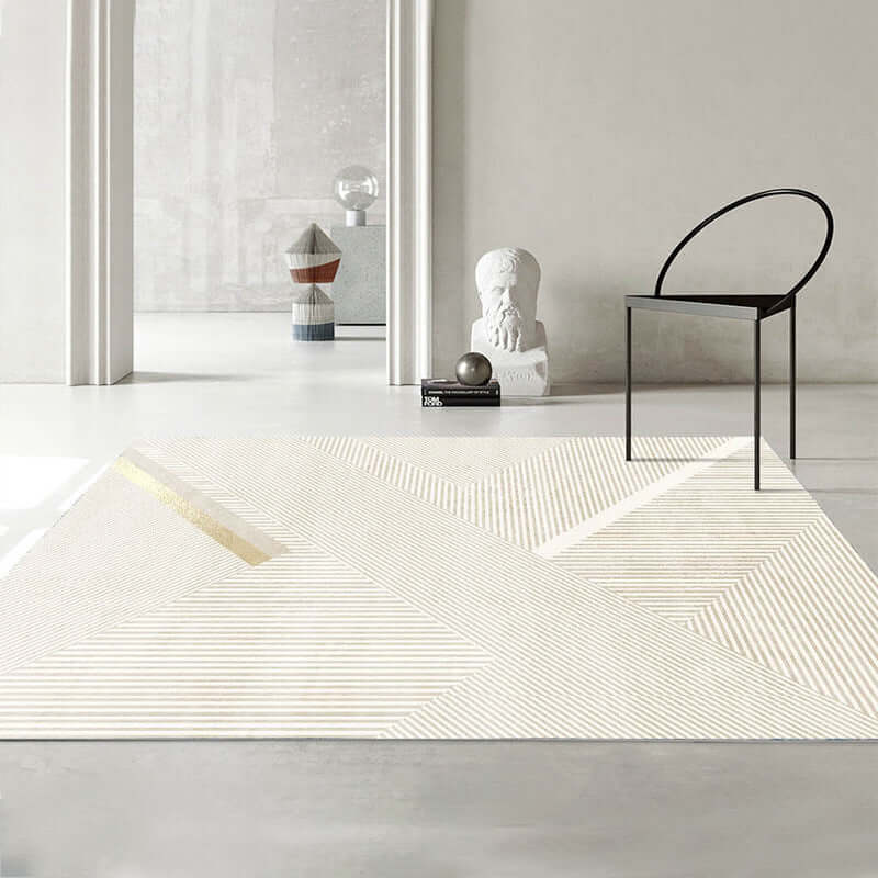 Minimalist line thickened art carpet in a modern interior, featuring geometric patterns and a light color palette.