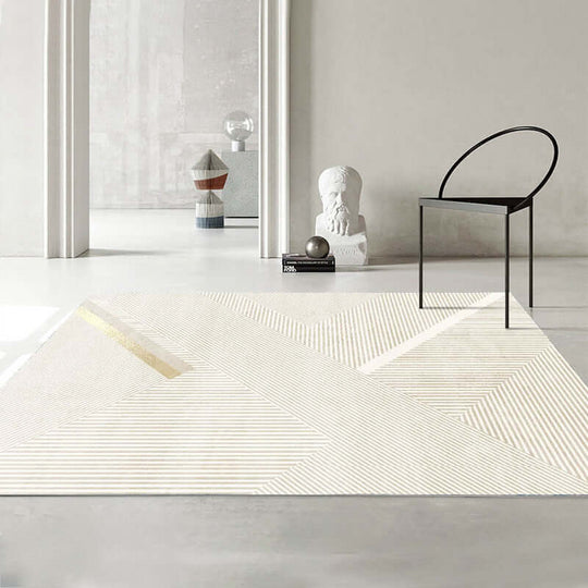 Minimalist line thickened art carpet in a modern interior, featuring geometric patterns and a light color palette.