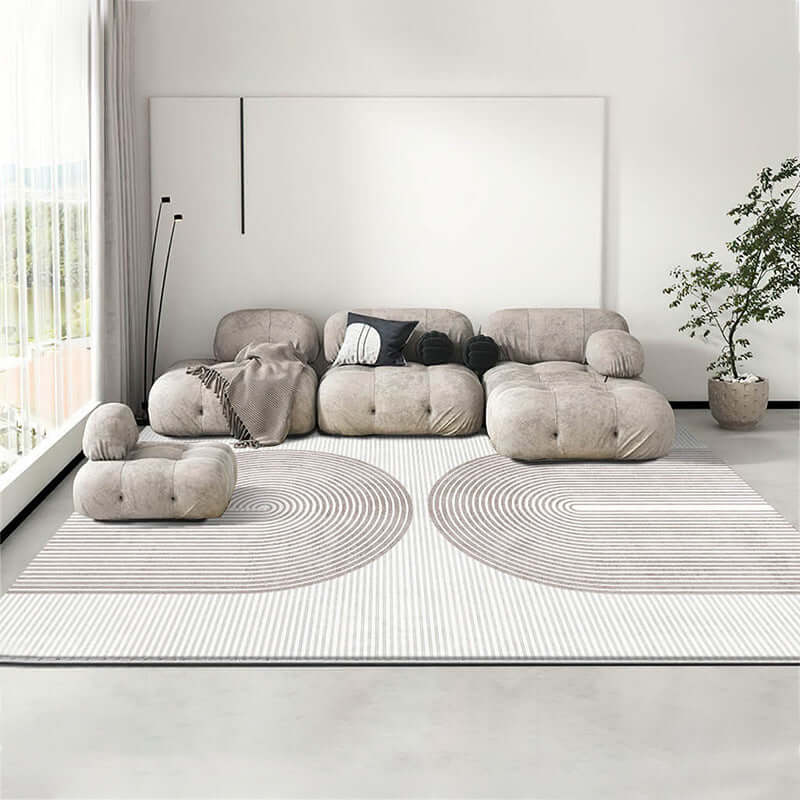 Minimalist line thickened art carpet in a modern living room setting with plush furniture.