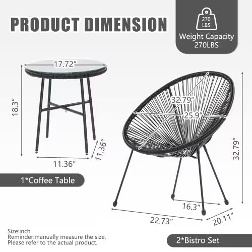 3 Piece Terrace Bistro Conversation Set With Side Table
