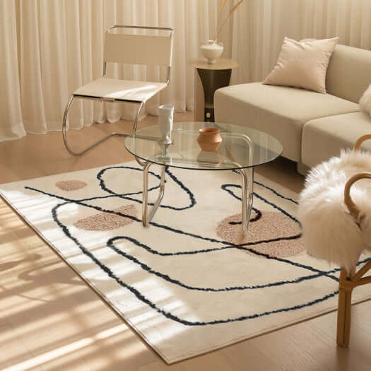 Original design character pattern rug, blended Japanese and Korean style, rectangular shape in modern living room decor.