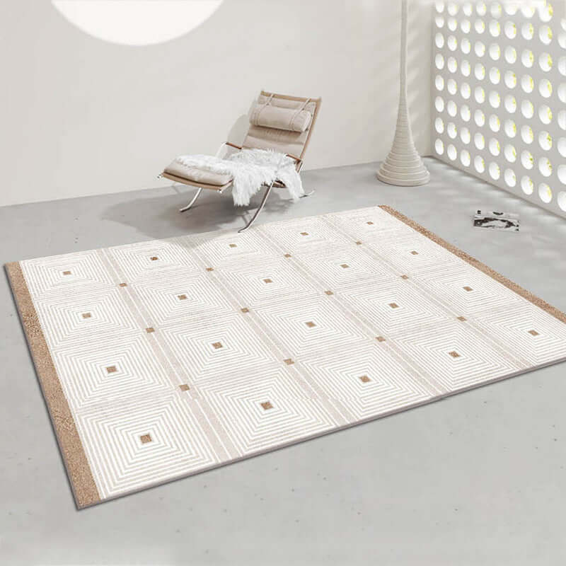 Minimalist line thickened art carpet in a modern room, showcasing intricate geometric patterns on a soft square design.
