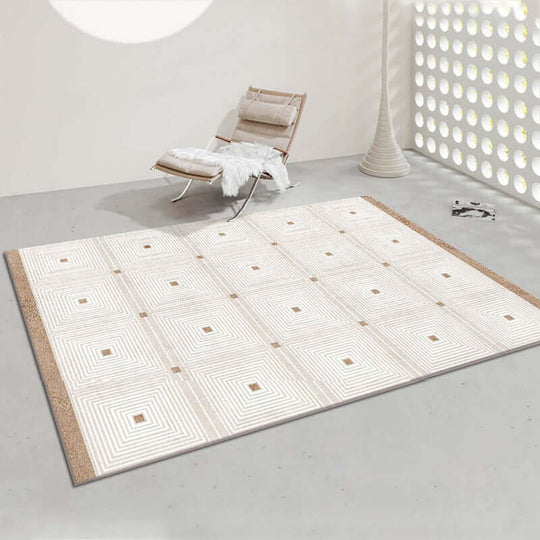 Minimalist line thickened art carpet in a modern room, showcasing intricate geometric patterns on a soft square design.