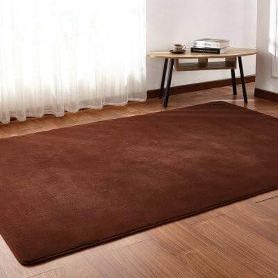 Solid brown rectangular living room rug on hardwood floor, adding a cozy touch to modern decor.